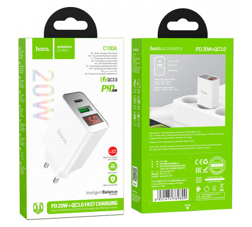 Мережевий зарядний пристрій HOCO C100A PD20W+QC3.0 charger with digital display White (6931474769800)