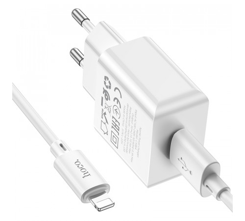 Мережевий зарядний пристрій з кабелем HOCO C106A Leisure single port charger set(iP) 10.5W White (6931474783899)