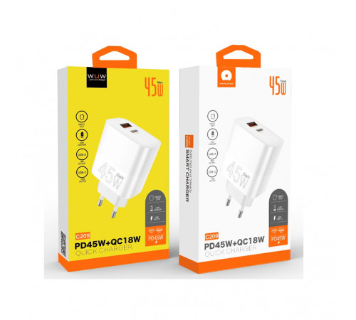 Мережевий зарядний пристрій WUW-C209 45W PD USB-C + USB QC3.0 18W white (WUW-C209)