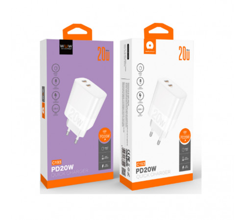 Мережевий зарядний пристрій WUW-C193 PD20W Charger USB C + USB C white (6972573336616)
