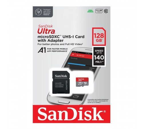 Карта пам'яті microSDXC (UHS-1) SanDisk Ultra 128Gb class 10 A1 (140Mb/s) (adapter SD) (SDSQUAB-128G-GN6MA)