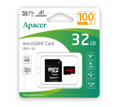 Карта пам'яті microSDHC (UHS-1) Apacer 32Gb class 10 V10 A1 R100MB/s (adapter SD) (AP32GMCSH10UB-R)