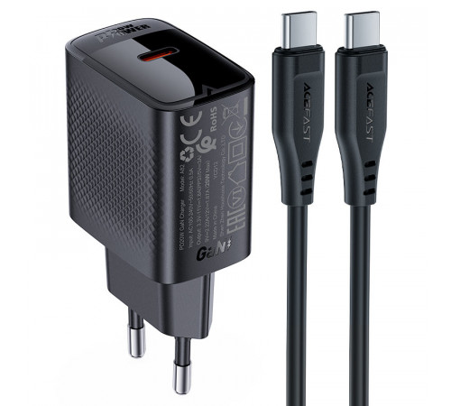 Мережевий зарядний пристрій з кабелем ACEFAST A82 PD20W GaN single USB-C charger set (P5) (EU) Black (6974316280057)