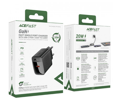 Мережевий зарядний пристрій з кабелем ACEFAST A82 PD20W GaN single USB-C charger set (P5) (EU) Black (6974316280057)