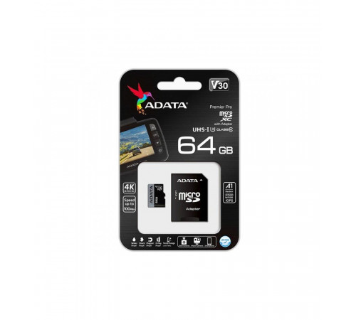 Карта пам'яті microSDXC (UHS-1 U3) A-DATA Premier Pro 64Gb Class 10 V30S A2 (R-100Mb/s W85Mb/s) (adapter SD) (AUSDX64GUI3V30SA2-RA1)