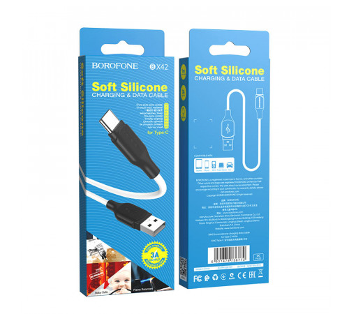 Кабель BOROFONE BX42 USB to Type-C 3A, 1m, silicone, TPE connectors, White (6931474736772)