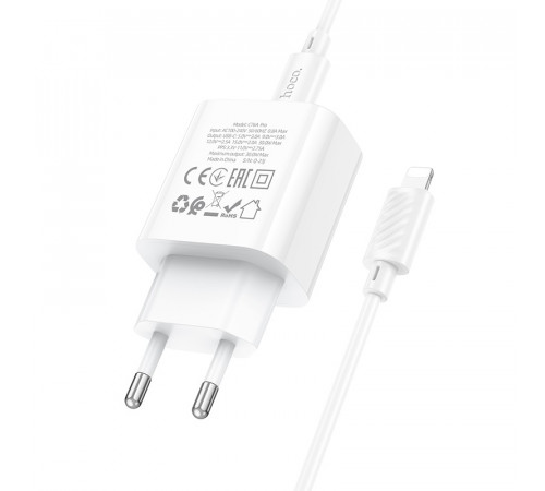 Мережевий зарядний пристрій з кабелем HOCO C76A Pro Majestic single port PD30W charger set (C to iP)(EU) White (6942007616317)