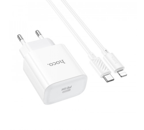 Мережевий зарядний пристрій з кабелем HOCO C76A Pro Majestic single port PD30W charger set (C to iP)(EU) White (6942007616317)