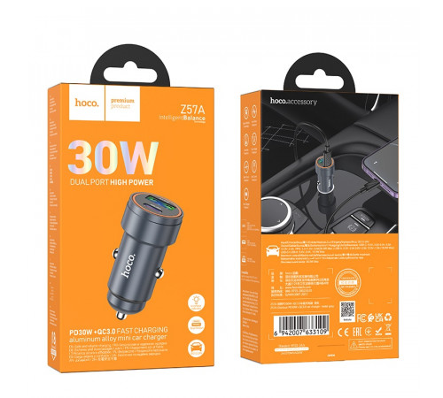 Автомобільний зарядний пристрій HOCO Z57A Glorious PD30W+QC3.0 car charger Metal Gray (6942007633109)