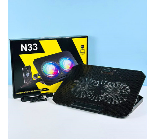 Підставка-охолоджувач для ноутбука N33 RGB light з тримачем для телефону 12-17inch (2 Fan)