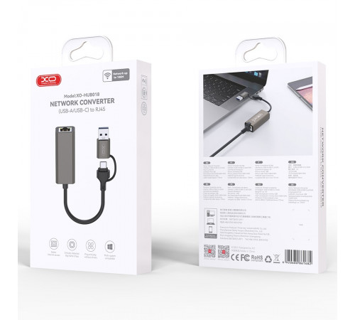 USB HUB XO HUB018 2in1 USB+Type-C to RJ45