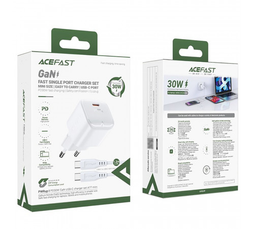 Мережевий зарядний пристрій з кабелем ACEFAST A77 mini PD30W GaN single USB-C charger set (C3-03) White (6974316282853)