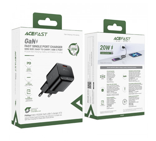 Мережевий зарядний пристрій ACEFAST A73 mini PD20W GaN USB-C charger Black (6974316282648)