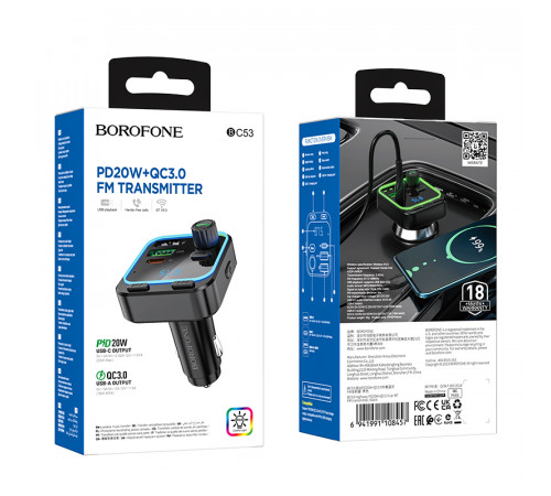 АЗП з FM-модулятором BOROFONE BC53 Highway PD20W+QC3.0 car BT FM transmitter 18W Black (6941991108457)
