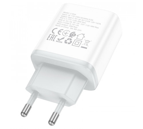 Мережевий зарядний пристрій HOCO C105A Stage dual port PD20W+QC3.0 charger White (6931474782946)