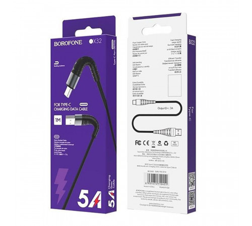 Кабель BOROFONE BX32 USB to Type-C 2.4A, 1m, nylon, aluminum+TPE connectors, Black (6931474710451)