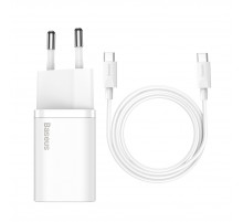 Мережевий зарядний пристрій з кабелем Baseus Super Si Quick Charger 1C 25W EU Sets White（ Mini White Cable Type-C to Type-C 3A 1m White） (TZCCSUP-L02)