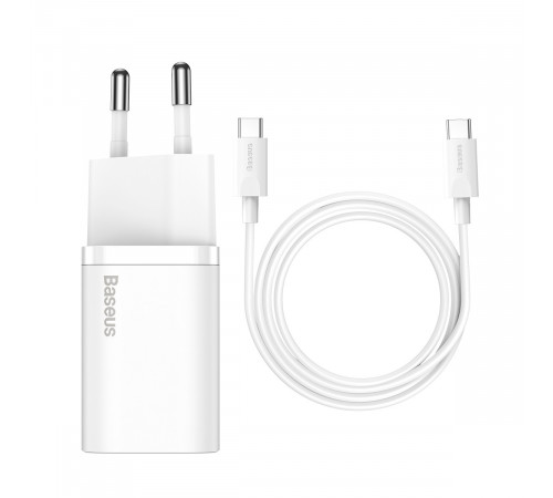 Мережевий зарядний пристрій з кабелем Baseus Super Si Quick Charger 1C 25W EU Sets White（ Mini White Cable Type-C to Type-C 3A 1m White） (TZCCSUP-L02)