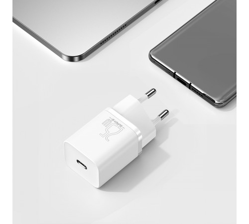 Мережевий зарядний пристрій з кабелем Baseus Super Si Quick Charger 1C 25W EU Sets White（ Mini White Cable Type-C to Type-C 3A 1m White） (TZCCSUP-L02)