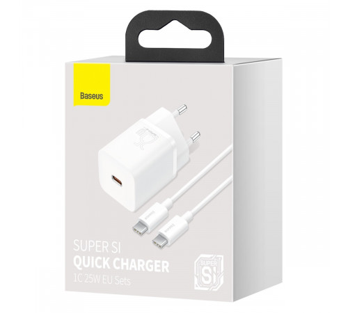Мережевий зарядний пристрій з кабелем Baseus Super Si Quick Charger 1C 25W EU Sets White（ Mini White Cable Type-C to Type-C 3A 1m White） (TZCCSUP-L02)