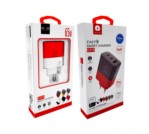 Мережевий зарядний пристрій WUW-C215 65W Charger 2 USB C + USB A white black (C215)