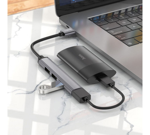 USB-хаб HOCO HB26 4 in 1 adapter(USB to USB3.0+USB2.0*3) Metal Gray (6931474765468)