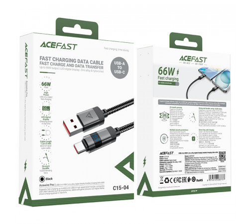Кабель ACEFAST C15-04 USB-A to USB-C zinc alloy digital display braided charging data cable Black (6974316283737)
