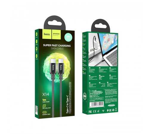 Кабель HOCO X14 Type-C to Type-C 60W, 1m, nylon, aluminum connectors, Black (6931474752215)