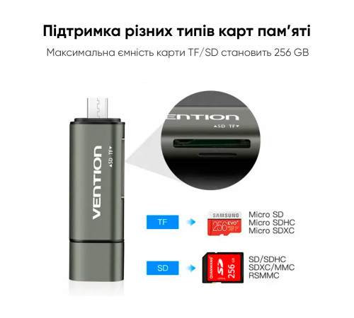 Кардридер Vention USB3.0 Multi-function Card Reader Gray Metal Type (CCHH0) (CCHH0)