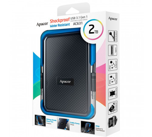 Зовнішній жорсткий диск PHD External 2.5'' Apacer USB 3.1 AC631 2TB Black/Blue (color box) (AP2TBAC631U-1)