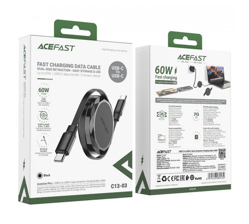 Кабель ACEFAST C13-03 USB-C to USB-C dual retraction charging data cable Black (6974316280132)