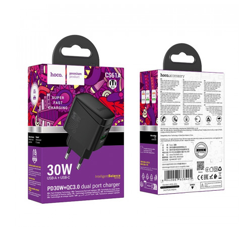Мережевий зарядний пристрій HOCO CS61A Bright PD30W+QC3.0 charger (EU) Black (6942007638425)