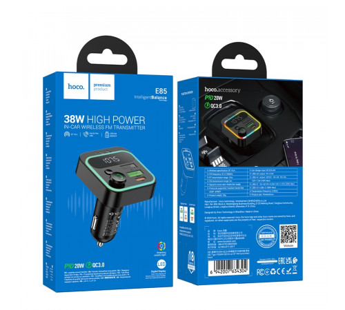 АЗП з FM-модулятором HOCO E85 Tiger PD20W+QC3.0 car BT FM transmitter Black (6942007634304)