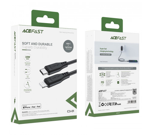 Кабель ACEFAST C3-01 Type-C to iP 3A, 30W, TPE, TPE connectors, Black (6974316280804)
