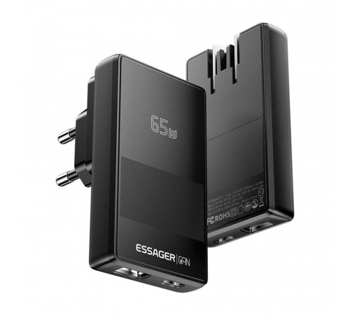 Мережевий зарядний пристрій ESSAGER Ultra Thin Gan 65W 1C1A BLACK (ECT65W-QCB01-Z)