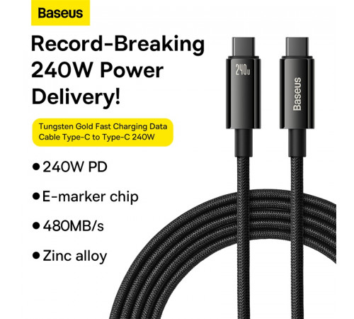 Кабель Baseus Tungsten Gold Fast Charging Data Cable Type-C to Type-C 240W 3m Black (CAWJ040201)