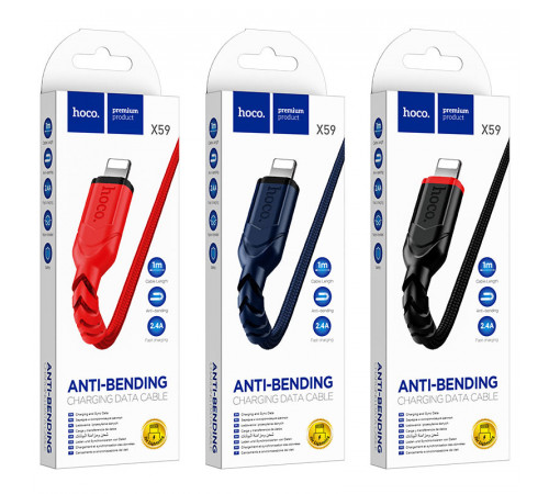 Кабель HOCO X59 USB to iP 2.4A, 1m, nylon, TPE connectors, Black (6931474744869)