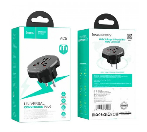 Мережевий адаптер HOCO AC6 Unimpeded universal conversion plug Black (6931474791511)