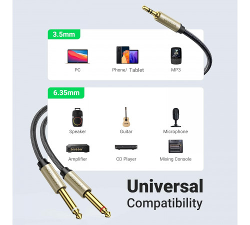 Аудіокабель UGREEN 3.5mm TRS to Dual 6.35mm TS Audio Cable 1m (Gray) (UGR-10613)