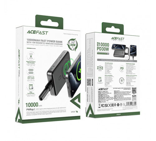 Зовнішній акумулятор ACEFAST M10-10000 PD30W magnetic wireless charging power bank with cable Black (6974316283300)