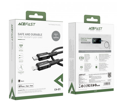 Кабель ACEFAST C4-01 Type-C to iP 3A, 30W, 1.8m, nylon, zinc connectors, Black (6974316281306)