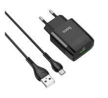 Мережевий зарядний пристрій з кабелем HOCO C72Q Glorious single port QC3.0 charger set(Micro) 18W Black (6931474732521)