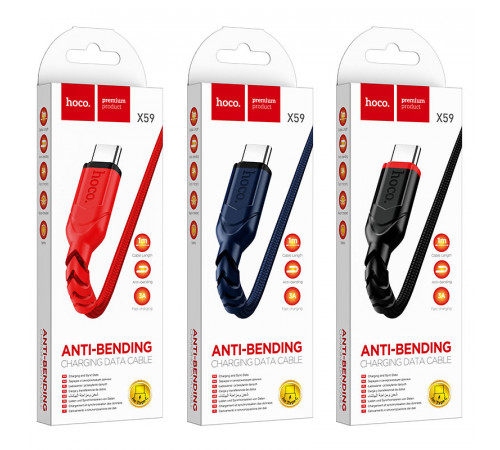 Кабель HOCO X59 USB to Type-C 3A, 1m, nylon, TPE connectors, Black (6931474744920)
