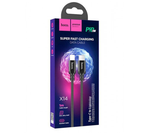 Кабель HOCO X14 Type-C to iP 3A, 20W, 1m, nylon, aluminum connectors, Black (6931474752192)