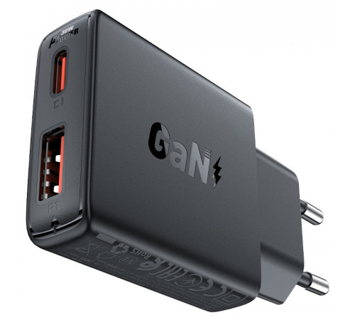Мережевий зарядний пристрій ACEFAST A69 PD30W GaN (USB-A+USB-C) ultra-thin charger Black (6974316282709)