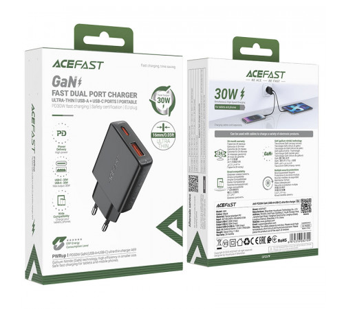 Мережевий зарядний пристрій ACEFAST A69 PD30W GaN (USB-A+USB-C) ultra-thin charger Black (6974316282709)
