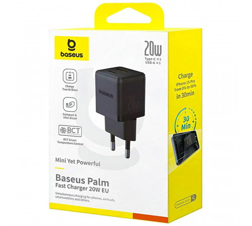 Мережевий зарядний пристрій Baseus Palm Fast Charger C+U 20W EU Cluster Black (P10111608113-00)