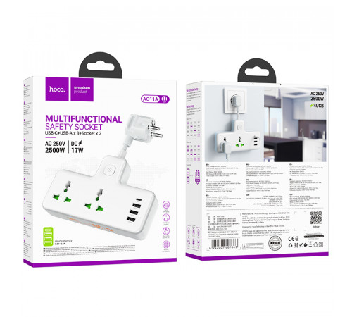 Мережевий подовжувач HOCO  AC11A Voyage 2-position expansion socket(1C3A) (8.5 cm) White (6942007607063)