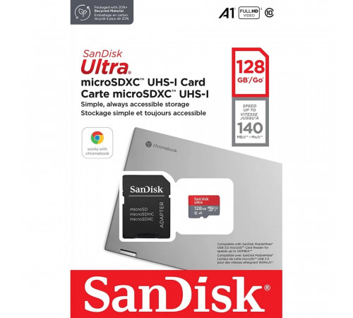 Карта пам'яті microSDXC (UHS-1) SanDisk Ultra 128Gb class 10 A1 (140Mb/s) (adapter SD) Imaging Packaging (SDSQUAB-128G-GN6IA)