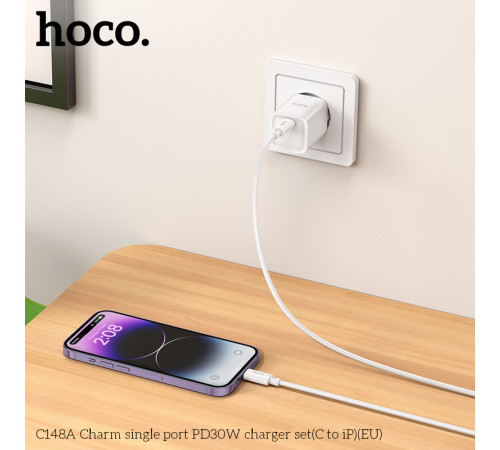 Мережевий зарядний пристрій з кабелем HOCO C148A Charm single port PD30W charger set (C to iP) (EU) White (6942007630313)